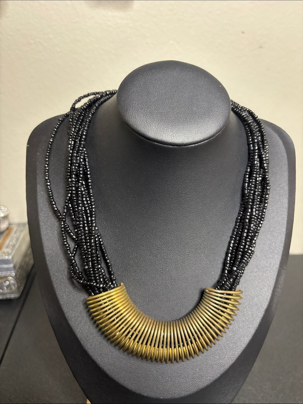 Black Glass Beaded Multi-Strand Necklace with Gold Tone  Curved Accent